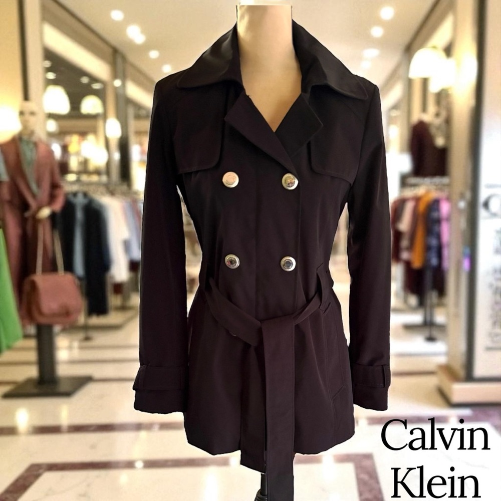 Calvin Klein-Classy black trench coat. Size small. Silver details/Hood. Like new - Picture 14 of 16